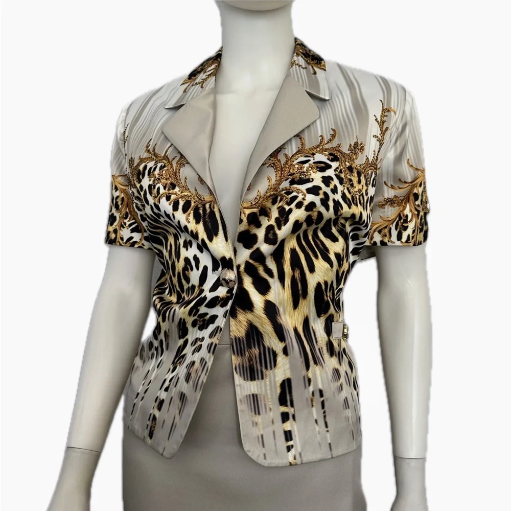 POLEN POE‎ SATIN SKIRT SUIT SET JACKET/SKIRT ANIMAL PRINT SHORT SLEEVES FORMAL